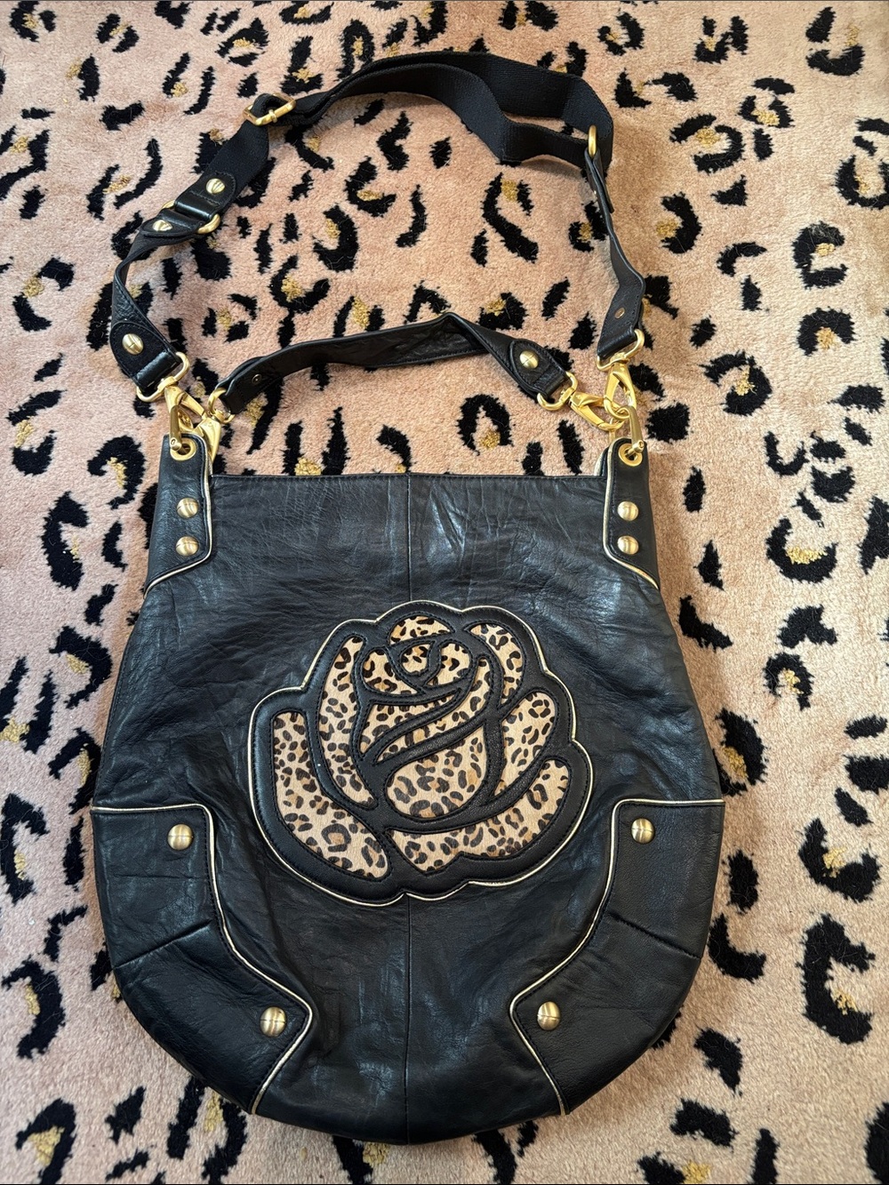 Betsey Johnson Leather Shoulder & Crossbody Bag w/Cheetah Rose Appliqué